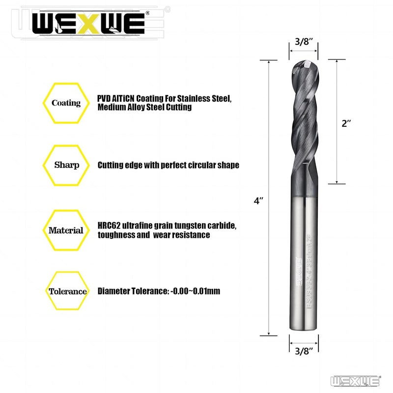 WEXWE Tools Extra Long Carbide Ball Nose End Mill for Cutting Alloy Steels, with HRC62 Tungsten Carbide+AlTiN Coating,4" Overall Length CNC Router Bits,3/8 Shank End Mill Bits (3/8-4" 1PCS) - Image 2